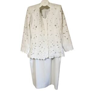 Nubiano Women's 14 White 2 Piece Skirt Suit Set Beaded Eyelet Lace Jacket